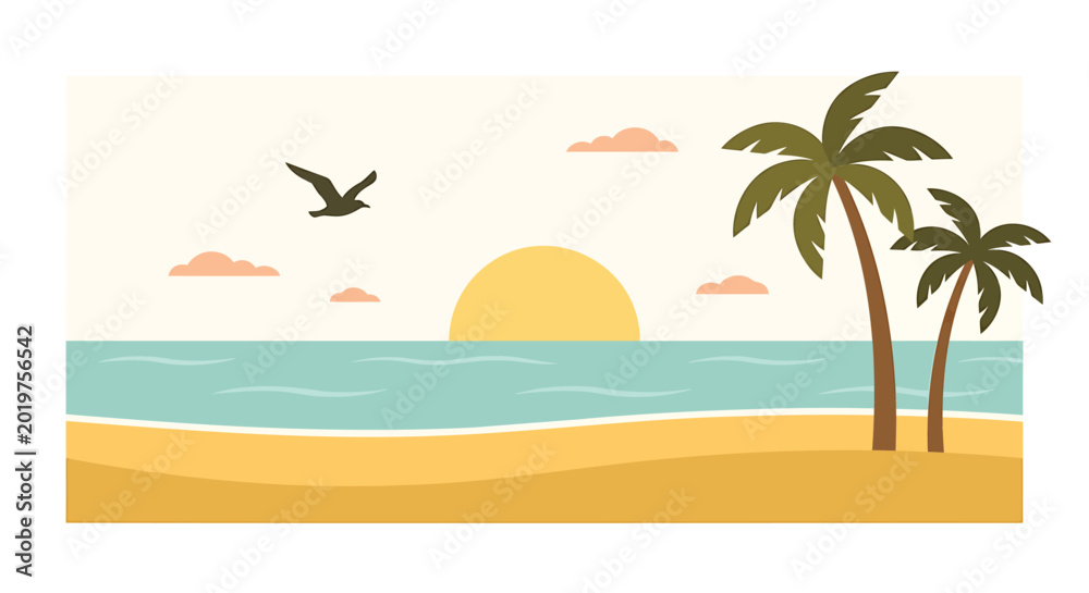 Fototapeta premium Tropical beach, palm trees, sunset, vector illustration, summer vacation, travel background