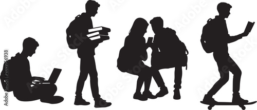 Student silhouettes collection, diverse teenagers with backpacks and books, high school and college students studying with laptops and skateboards
