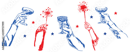 Foto 4th of July Hands Holding Sparklers Clinking Champagne Glasses Celebration