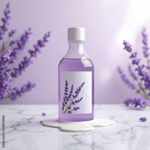 Lavender liquid bottle with purple flowers on a marble surface