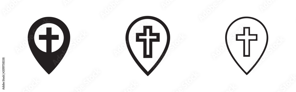 Fototapeta premium Church Location Pin Icon Set: Solid, Outline, and Detailed Styles