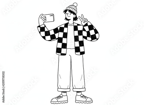 A person taking a selfie with a peace sign on a white background