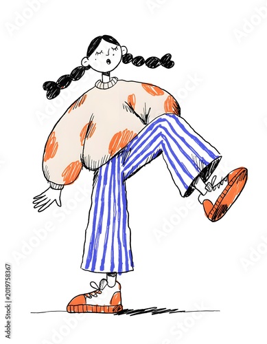 A cartoon girl with pigtails wearing orange and white shoes