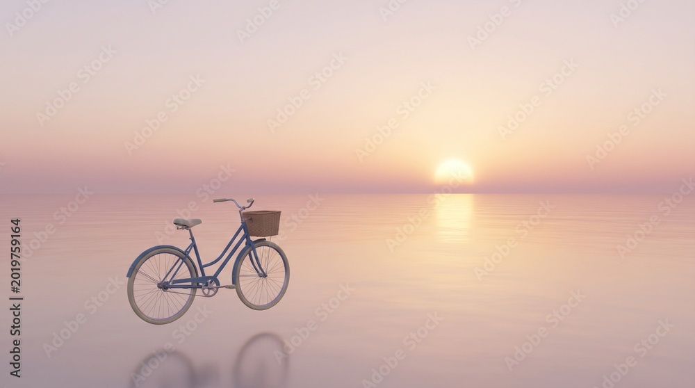 Fototapeta premium A silhouette of a woman cycling her bike on the beach at sunset captures a fitness adventure and the summer travel spirit against a beautiful sea sky