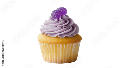 Fotografía Yellow cupcake with swirled purple frosting and two purple candy raspberries, is