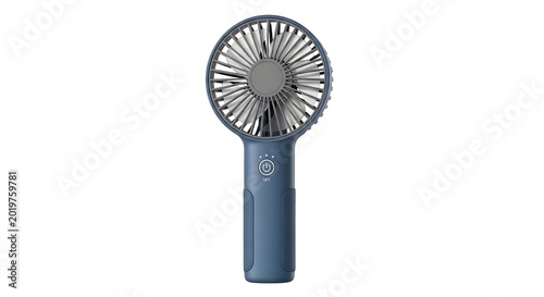 Blue handheld portable fan with indicator lights and power button on white background