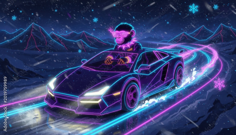 Naklejka premium Fashionable neon monkey dancing in a car on a snowy day filled with vibrant colors and playful energy