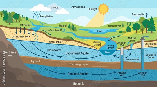 Educational Vector Diagram of the Water Cycle Showing Aquifers and Groundwater Systems