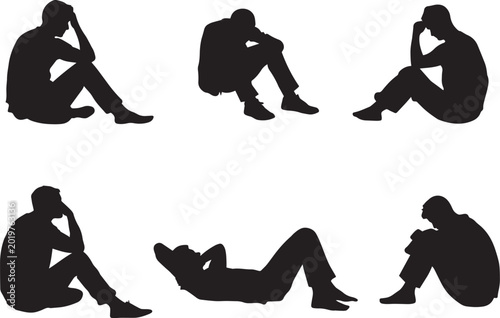 Depressed man silhouette set, lonely male figures in sad poses, 6 vector elements of stressed and grieving people for mental health awareness
