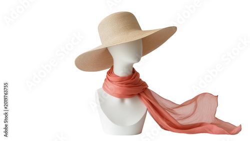 Fotografie Straw sun hat with coral scarf on mannequin bust, isolated on transparent backgr