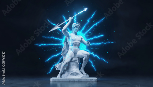 Statue of a mythological figure wielding a spear with lightning effects.