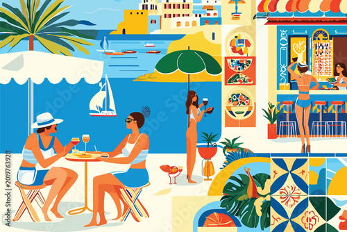 Two Women Enjoying Drinks At A Beachside Cafe Vector Illustration.