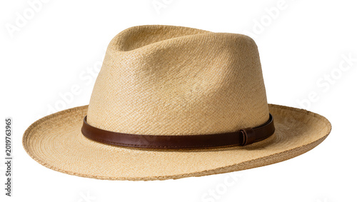 Schilderij op canvas Natural woven straw fedora hat with dark brown leather band, isolated on transpa