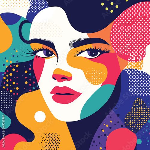 Vibrant Abstract Portrait Of A Woman With Geometric Patterns Vector Illustration.