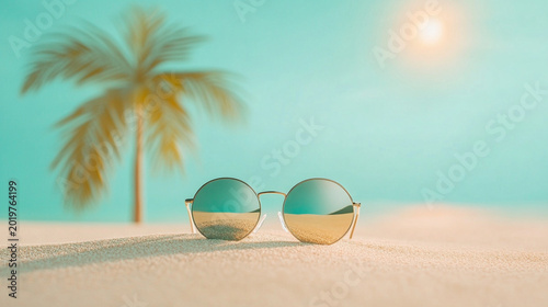 A pair of round, mirrored sunglasses resting on the sand, with a tiny, distant palm tree reflected in one lens. The background is a smooth gradient fr at the bottom.