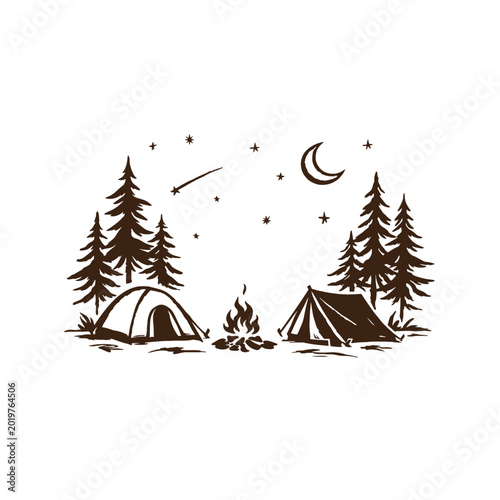 Vintage camping vector illustration, rustic forest campsite with tents and bonfire, hand drawn night sky with moon and stars for outdoor adventure