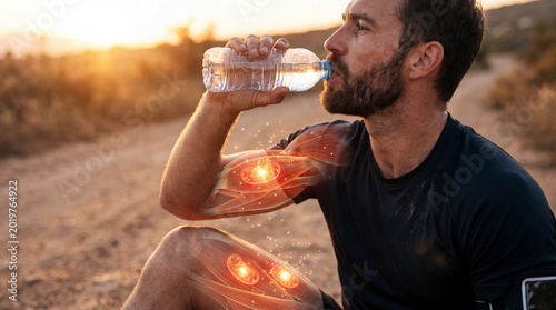 Man drinking water from a bottle during outdoor workout with muscle highlights