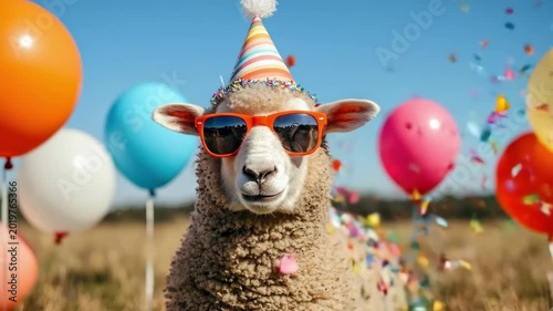 Celebratory sheep in party hat with sunglasses surrounded by colorful balloons