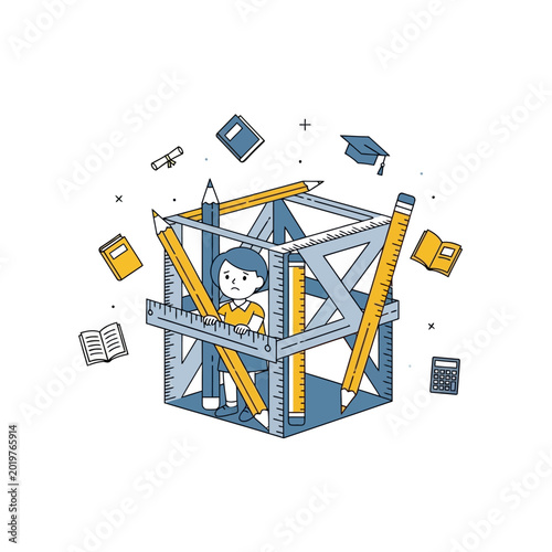 Student trapped within a cube of school supplies, education concept