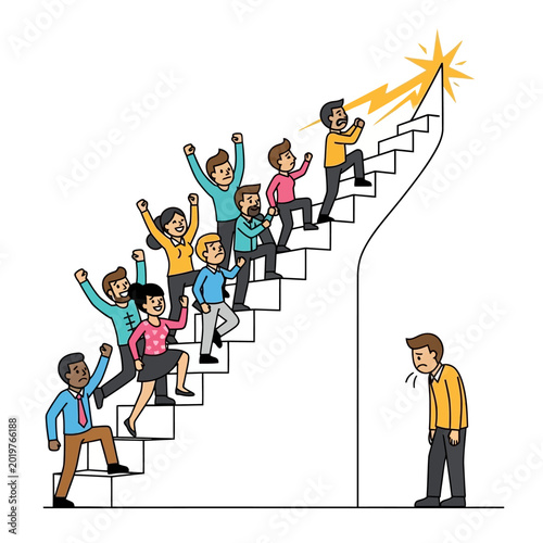 Team climbing stairs to success, collaboration and achievement concept