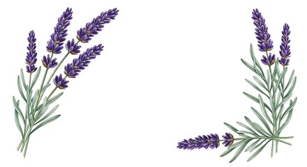 Purple lavender flower border corner composition on white background
