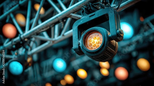 Studio stage spotlight focusing on vibrant colors during a live performance at an outdoor event capturing excitement and energy