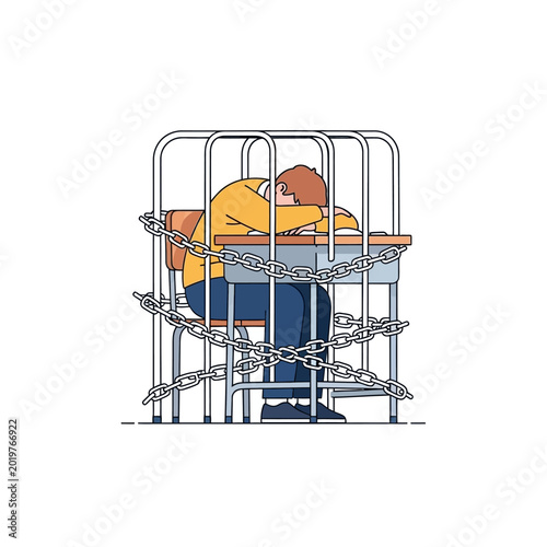 Illustration of a student trapped and chained at a desk, learning concept.
