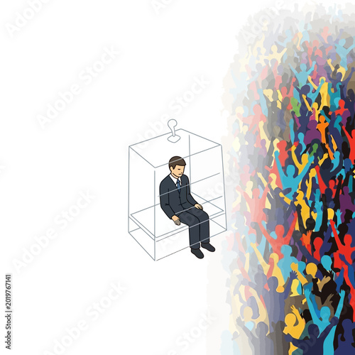 Isolated Businessman in Clear Cube vs Cheering Crowd Illustration