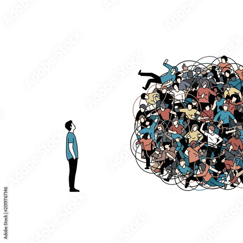 Isolated Figure Observes Overcrowded People Heap Illustration