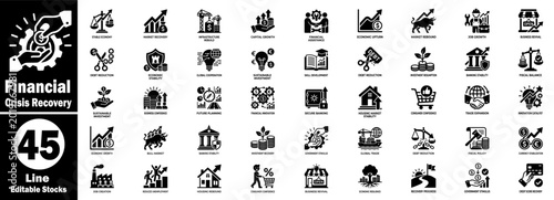 Financial crisis recovery solid icons set for economic upturn symbols.
