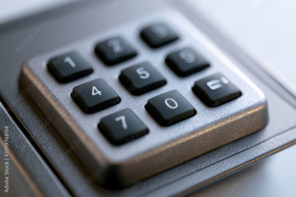 Obraz premium Close-up shot of a modern metallic keypad with illuminated numbers for security and access systems.