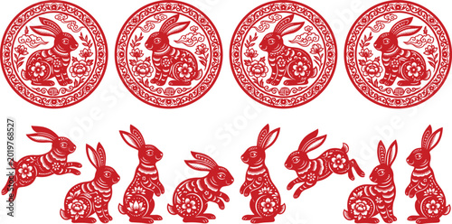 Obraz na płótnie Chinese New Year rabbit paper cut vector collection featuring traditional red zodiac hare emblems floral ornaments and festive lunar holiday decorations for greeting cards