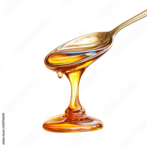 A close-up illustration depicts liquid amber dripping from a golden spoon against a solid black background. The viscosity is apparent