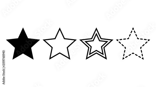 Stars rating icon set with different fill styles and dashed outline featuring black, white, solid with hollow and review elements for feedback,