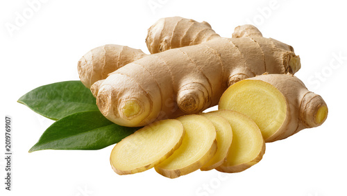Whole and sliced ginger root with green leaves, isolated on transparent background