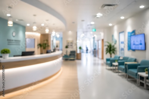 Medical clinic reception lobby waiting room blurred background hospital interior modern healthcare facility professional doctor office architecture