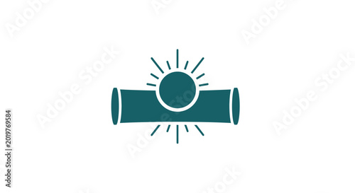 Pipe Icon with Sun Symbol Radiating Energy or Light, Isolated White Background