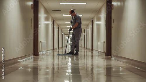 Professional cleaner meticulously mopping a shiny, reflective hallway in a modern facility