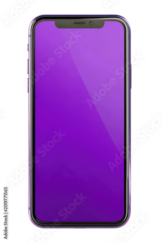 Realistic render of a modern smartphone, featuring a vibrant purple screen and a sleek, minimalist design. The device is isolated