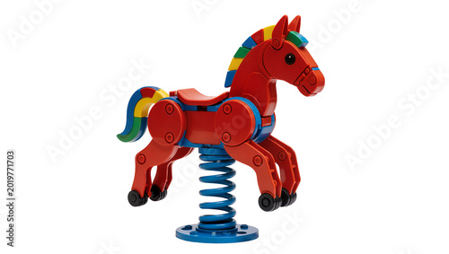 Canvas Print Bright red plastic spring rider horse with rainbow mane, isolated on transparent