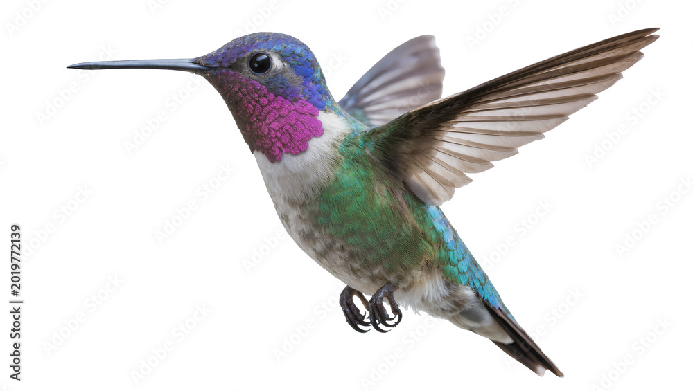 Fototapeta premium Hummingbird with iridescent purple green and blue plumage, isolated on transparent background