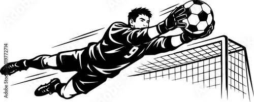 Obraz na plátně Dynamic goalkeeper diving to catch soccer ball mid-air near goal net action illustration