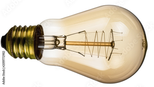 Bild auf Leinwand Edison incandescent light bulb with brass screw base, isolated on transparent ba