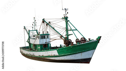 Foto Green and white fishing trawler with rigging and winches, isolated on transparen