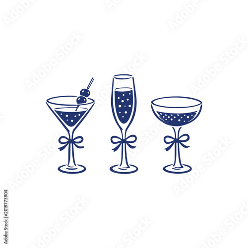 Navy blue cocktail glass vector set, elegant champagne flute and martini illustrations with bows, minimalist hand drawn barware icons for wedding invitations