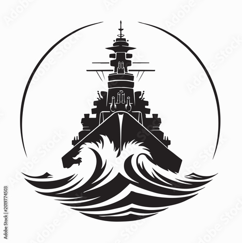 Warship on Ocean Waves Front View Vector Symbol Design On White Background