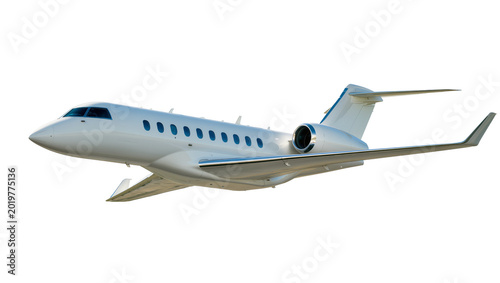 Bild auf Leinwand Sleek white private jet airplane with multiple windows, isolated on transparent