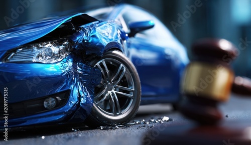 Blue modern car accident with damage to front side and wheel near a gavel in the background