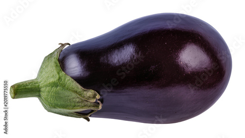 Canvas Print Shiny dark purple eggplant with green stem, isolated on transparent background