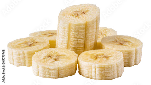 Fotografía Sliced ripe banana pieces stacked together, isolated on transparent background